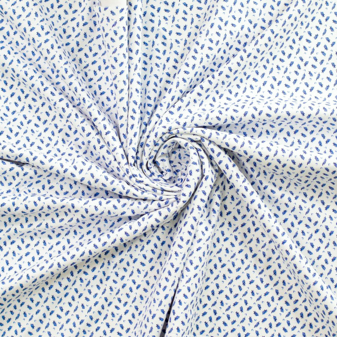 Baumwolle elastisch Blätter - blau/weiß, RESTSTÜCK 1,55m