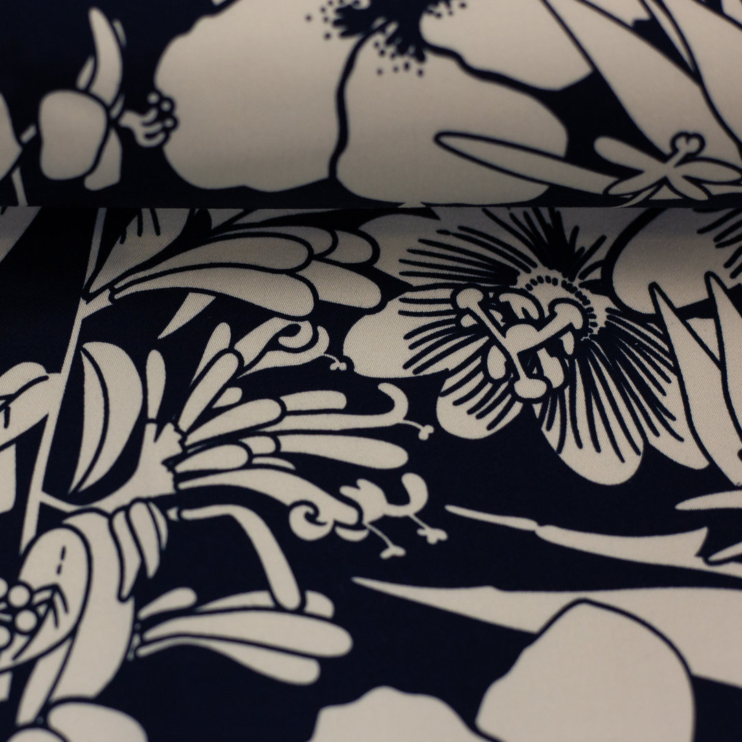 Baumwollstretch gemustert nachtblau Swafing - "Bloom" Design by Käselotti - Reststück 1,30m