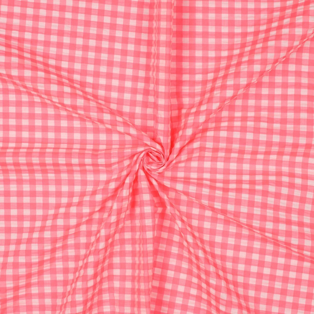 Baumwoll Seersucker Karos klein - neonpink