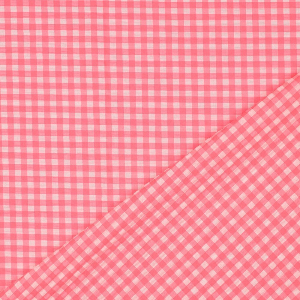 Baumwoll Seersucker Karos klein - neonpink