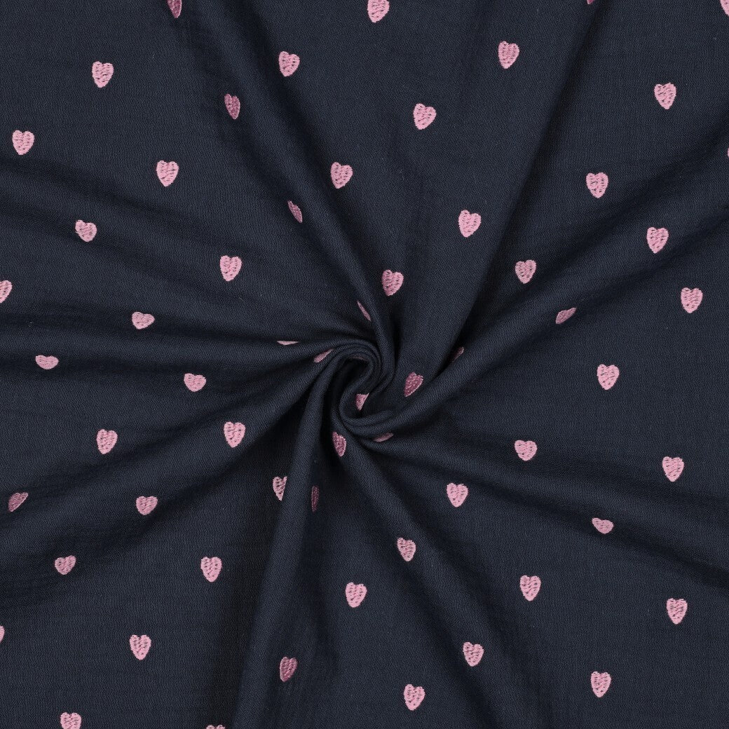 Musselin/Double Gauze Stickerei Herzen - navy