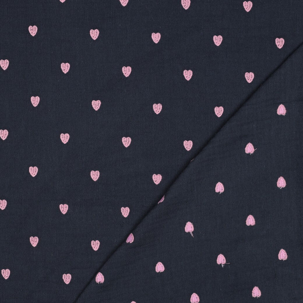 Musselin/Double Gauze Stickerei Herzen - navy