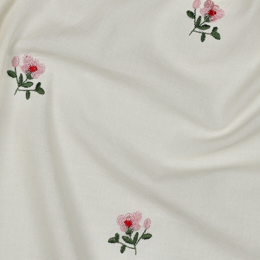 Baumwoll Voile "crincle" - weiß mit aufgestickten Blumen