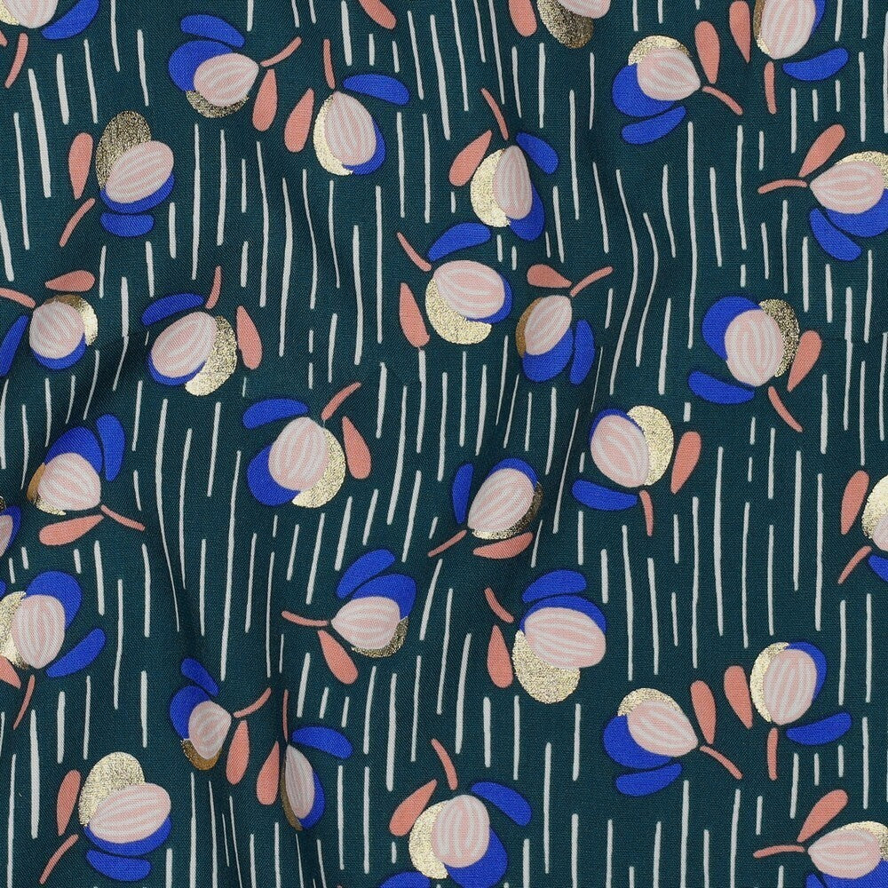 Viskose Foil "Flowers" - petrol