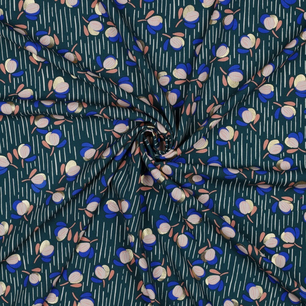 Viskose Foil "Flowers" - petrol