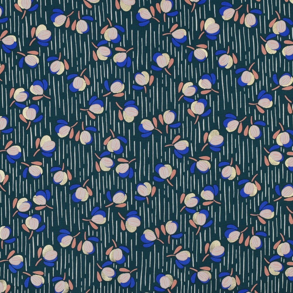 Viskose Foil "Flowers" - petrol