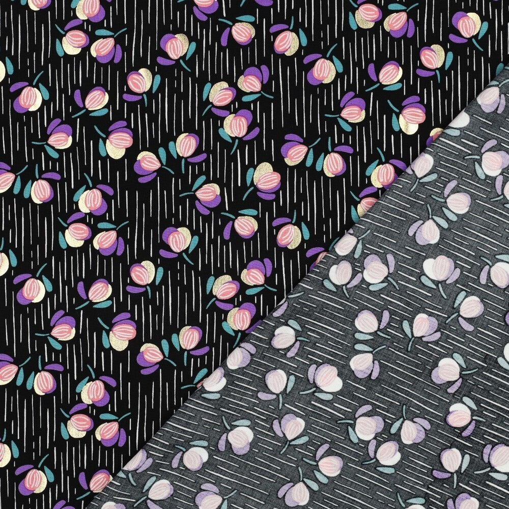 Viskose Foil "Flowers" - schwarz