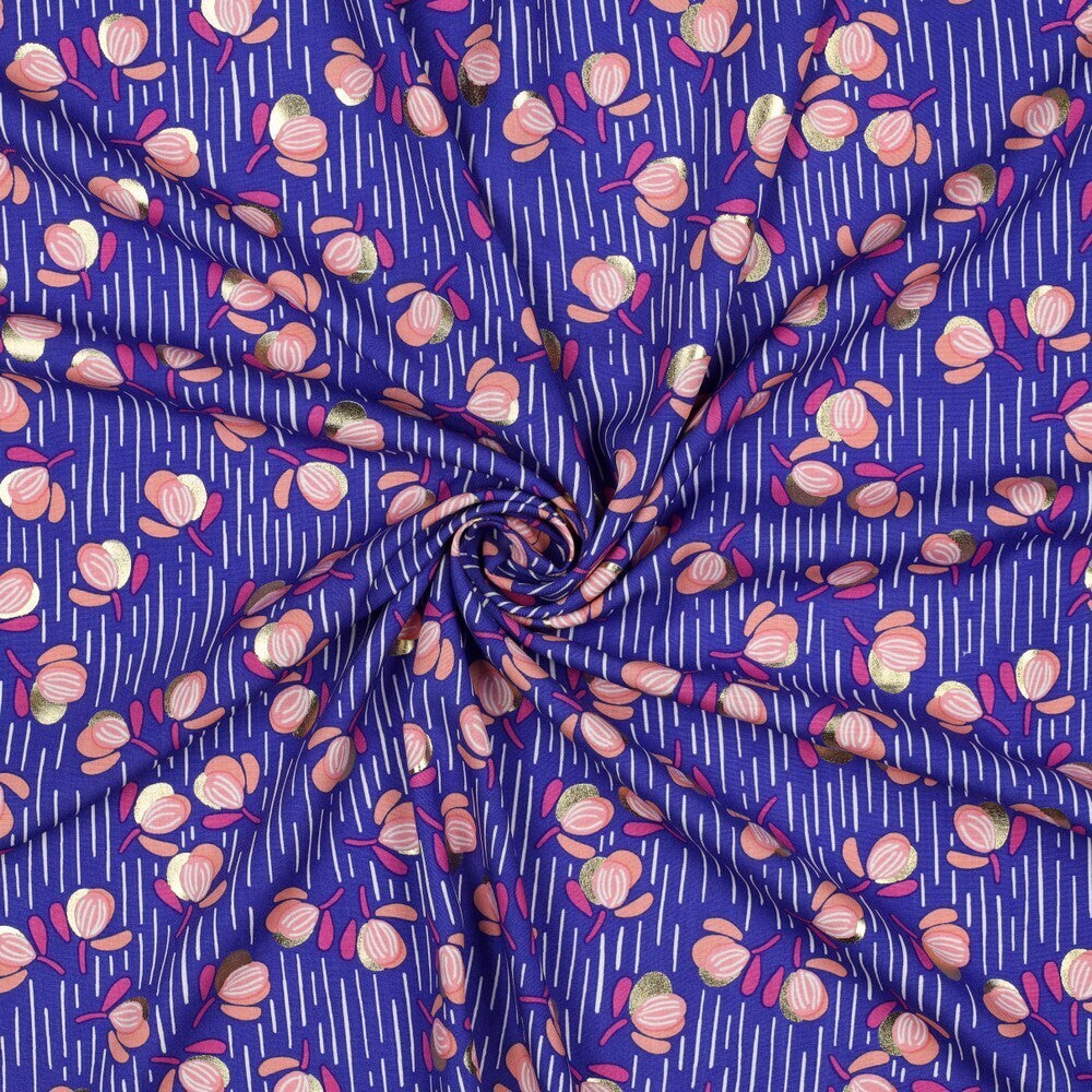 Viskose Foil "Flowers" - cobalt