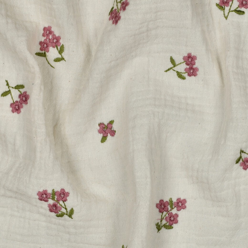 Musselin/Double Gauze Stickerei Blumen - natur