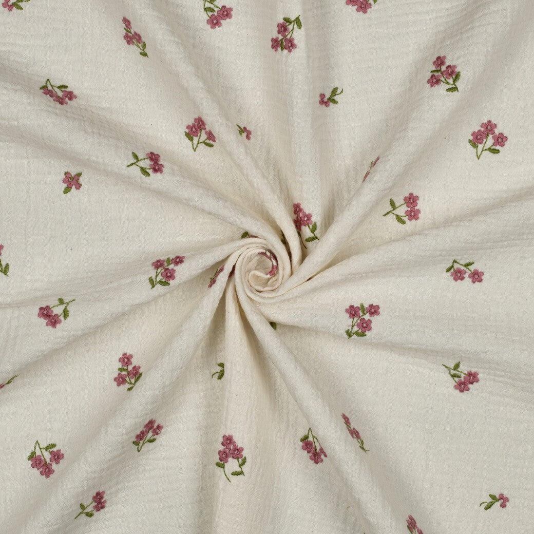 Musselin/Double Gauze Stickerei Blumen - natur