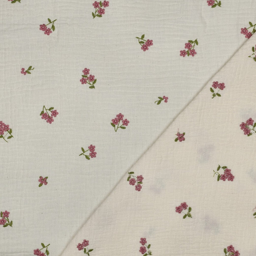 Musselin/Double Gauze Stickerei Blumen - natur