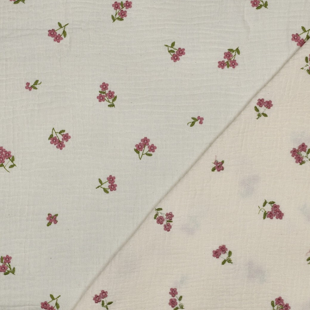 Musselin/Double Gauze Stickerei Blumen - natur