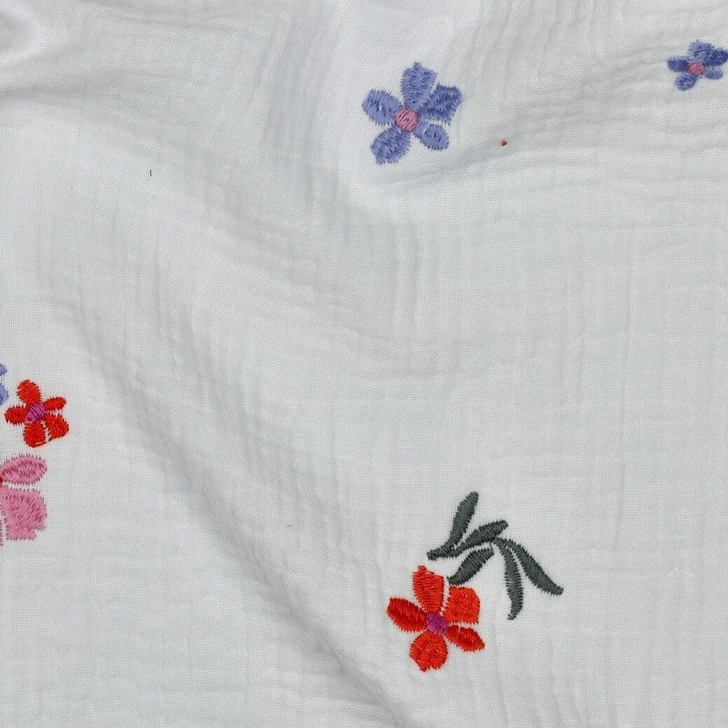 Musselin/Double Gauze Stickerei Blumen - bunt rosa/lila/rot