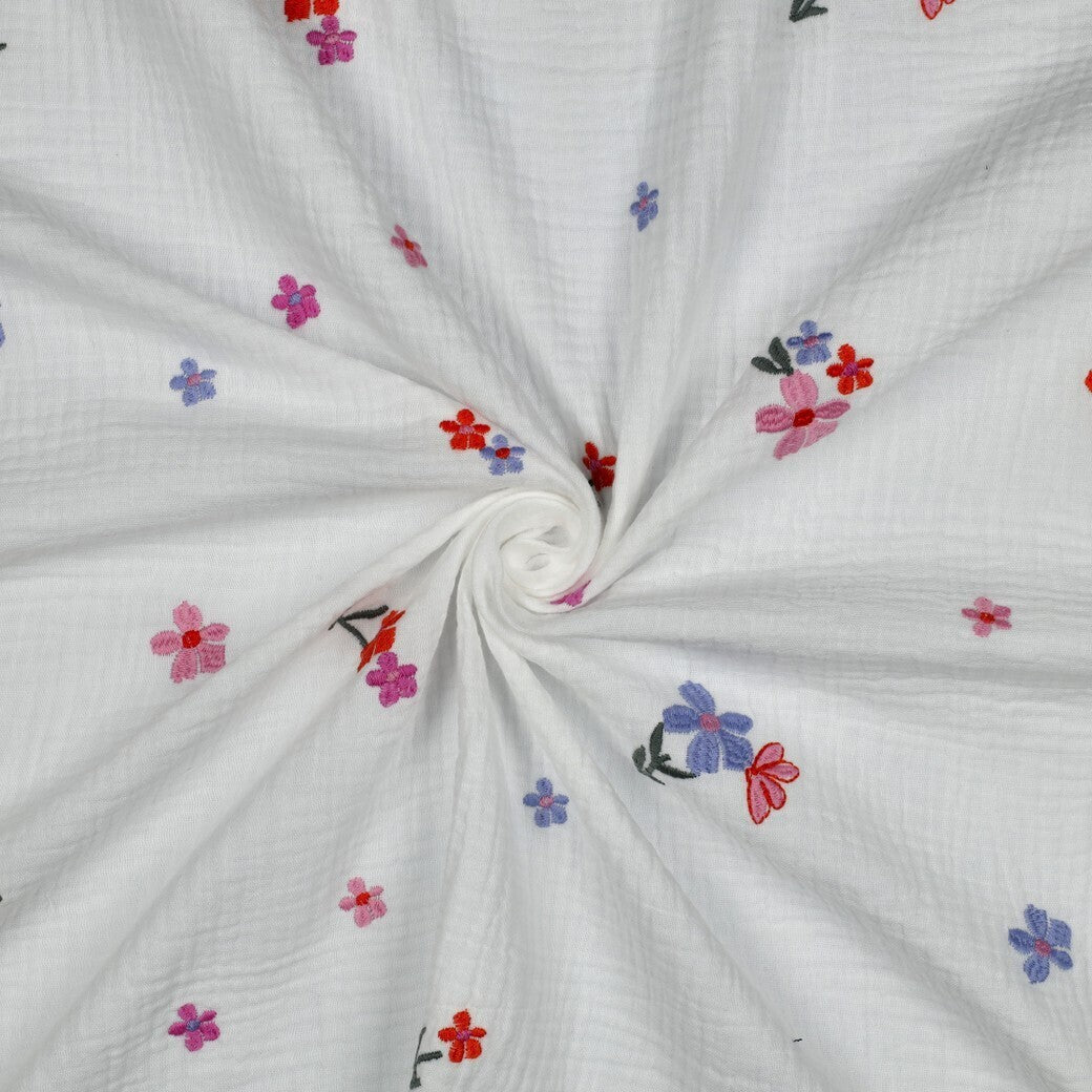 Musselin/Double Gauze Stickerei Blumen - bunt rosa/lila/rot