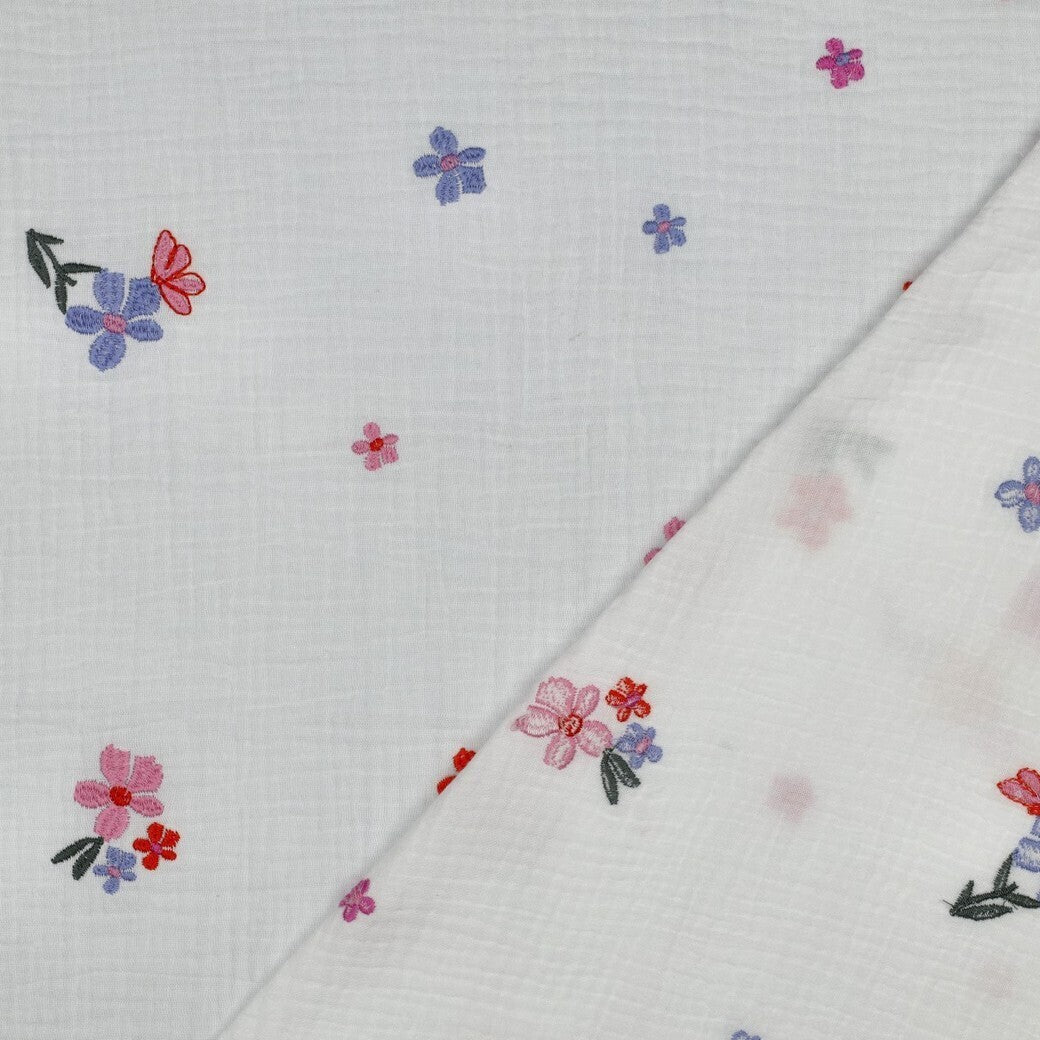 Musselin/Double Gauze Stickerei Blumen - bunt rosa/lila/rot