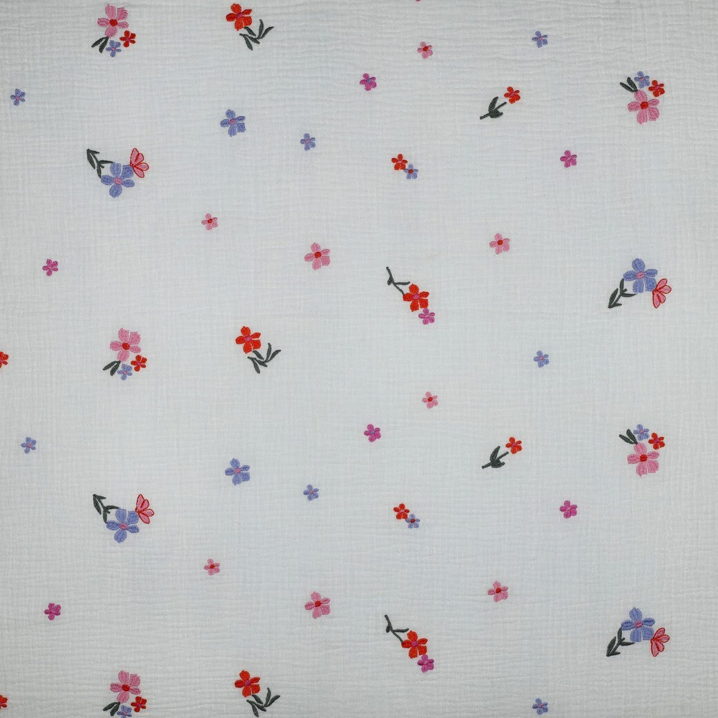 Musselin/Double Gauze Stickerei Blumen - bunt rosa/lila/rot