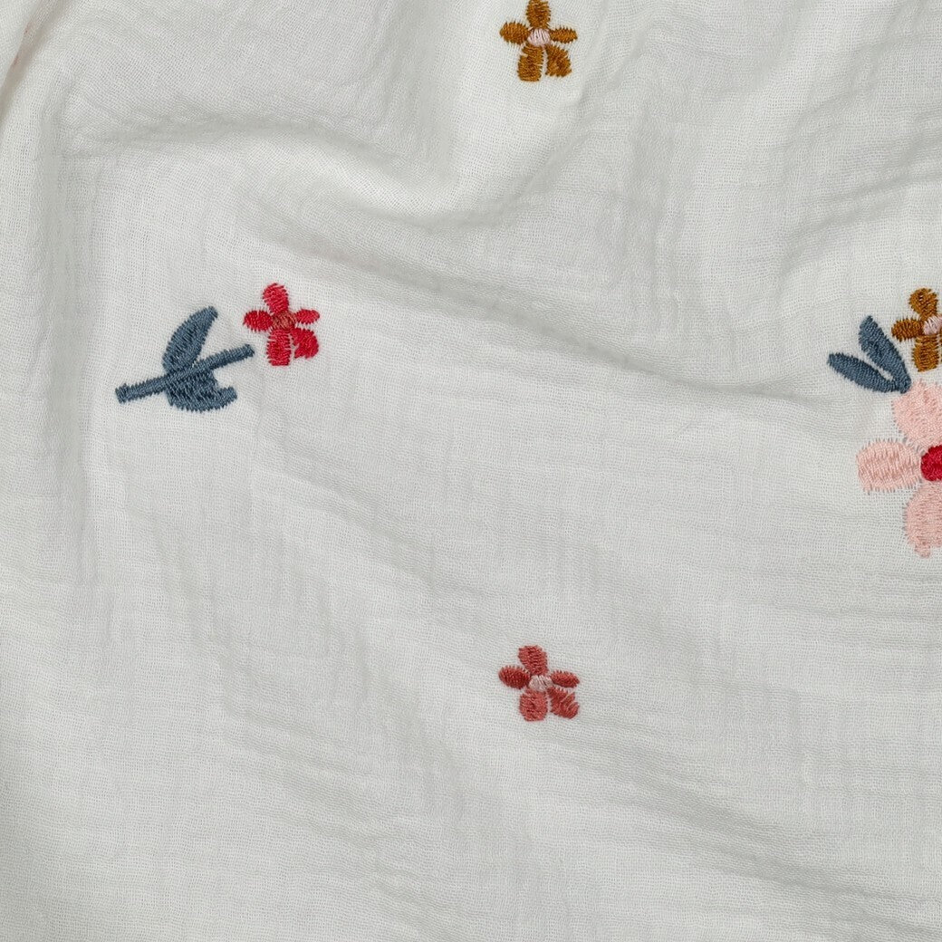 Musselin/Double Gauze Stickerei Blumen - bunt toffee/rosa/rot