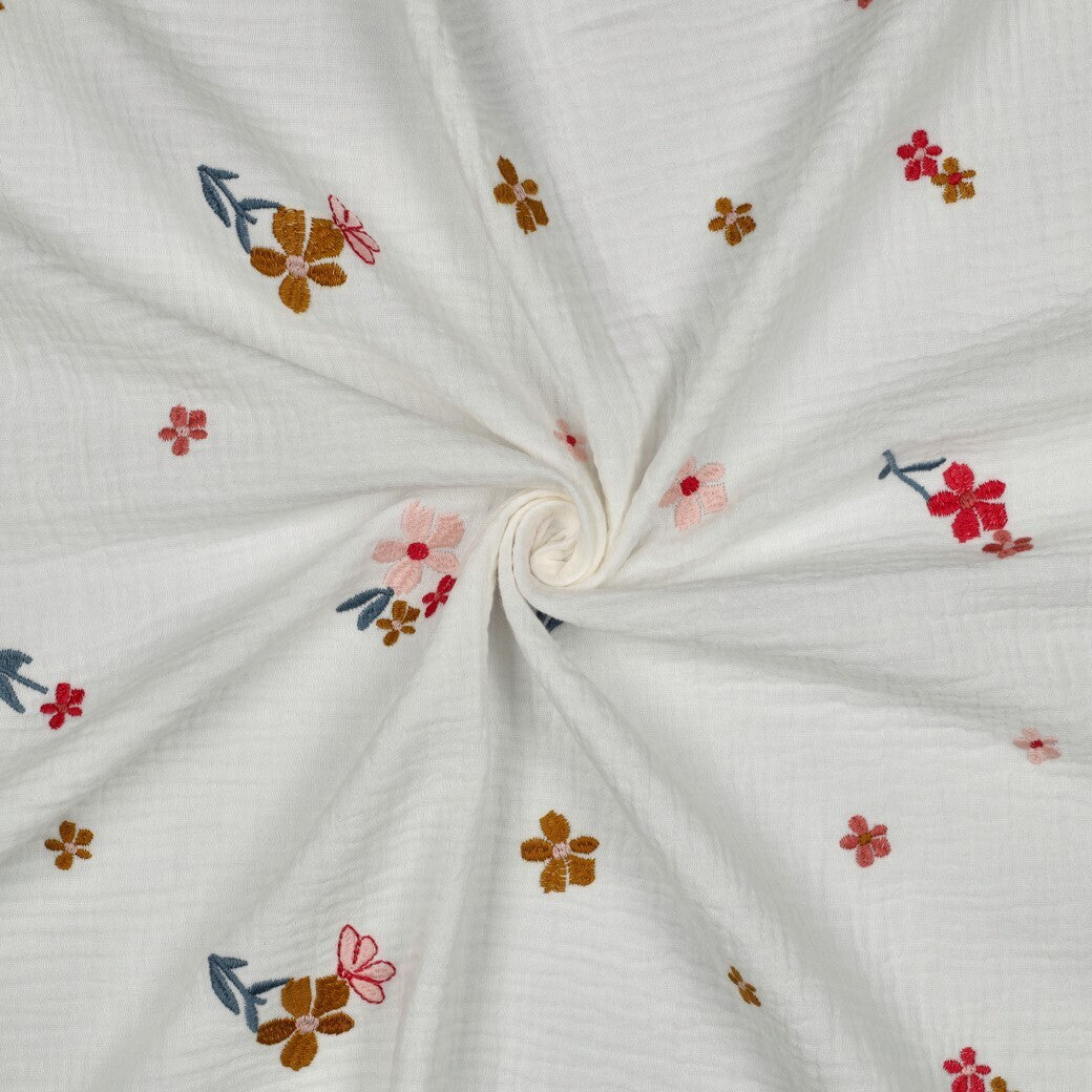 Musselin/Double Gauze Stickerei Blumen - bunt toffee/rosa/rot