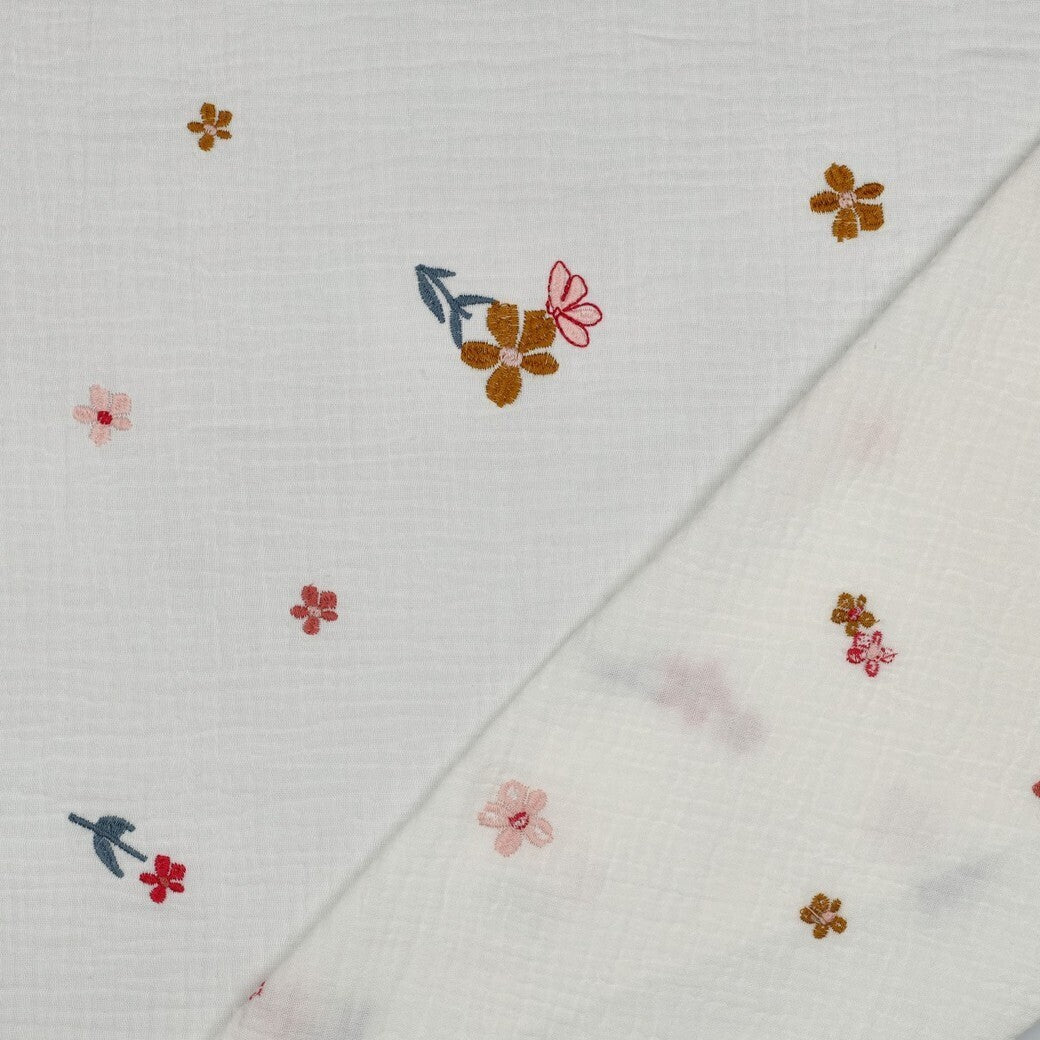 Musselin/Double Gauze Stickerei Blumen - bunt toffee/rosa/rot