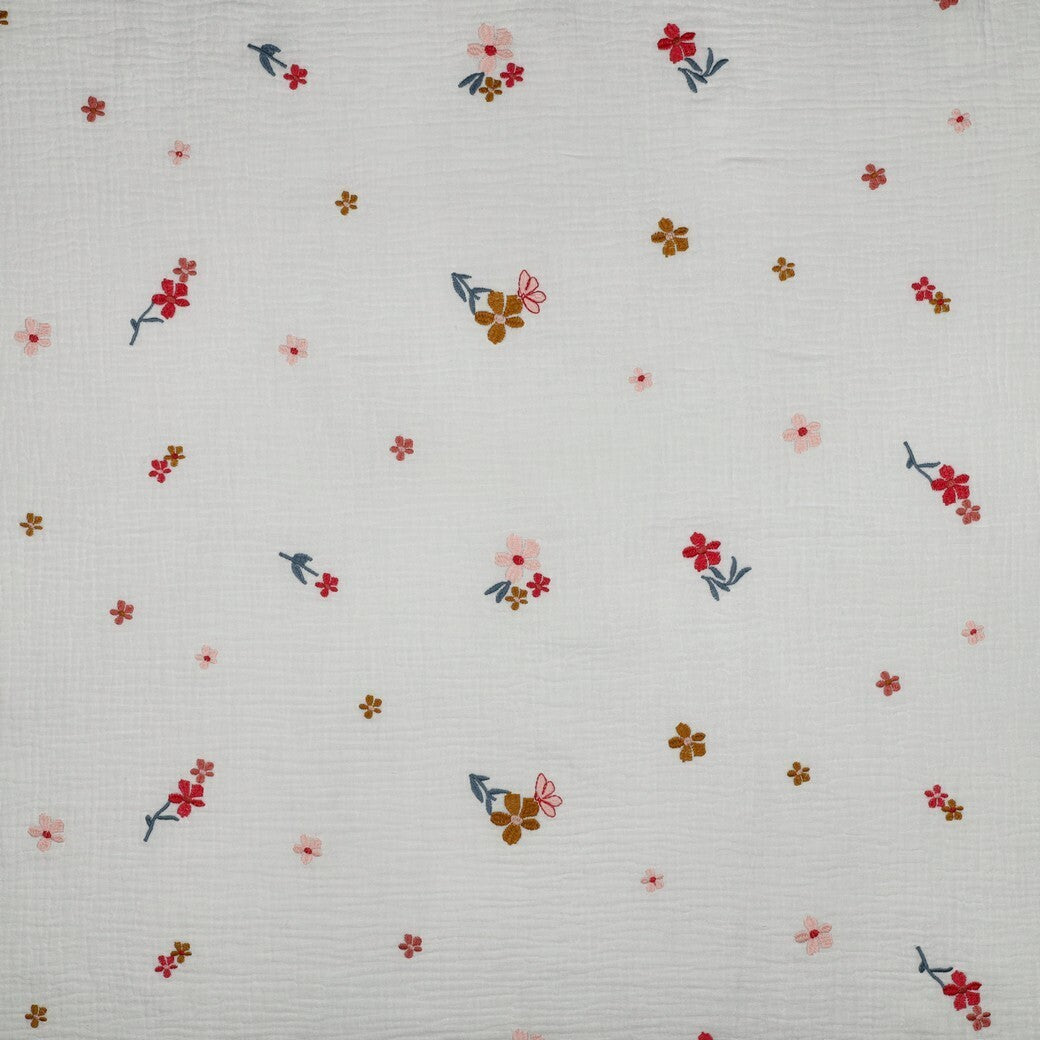 Musselin/Double Gauze Stickerei Blumen - bunt toffee/rosa/rot