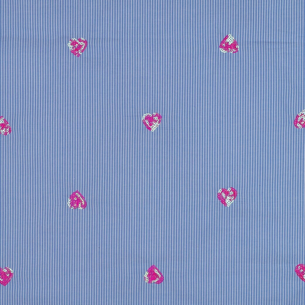 Popeline Mischgewebe "Streifen mit Paillettenherzen" - blau/weiß/pink