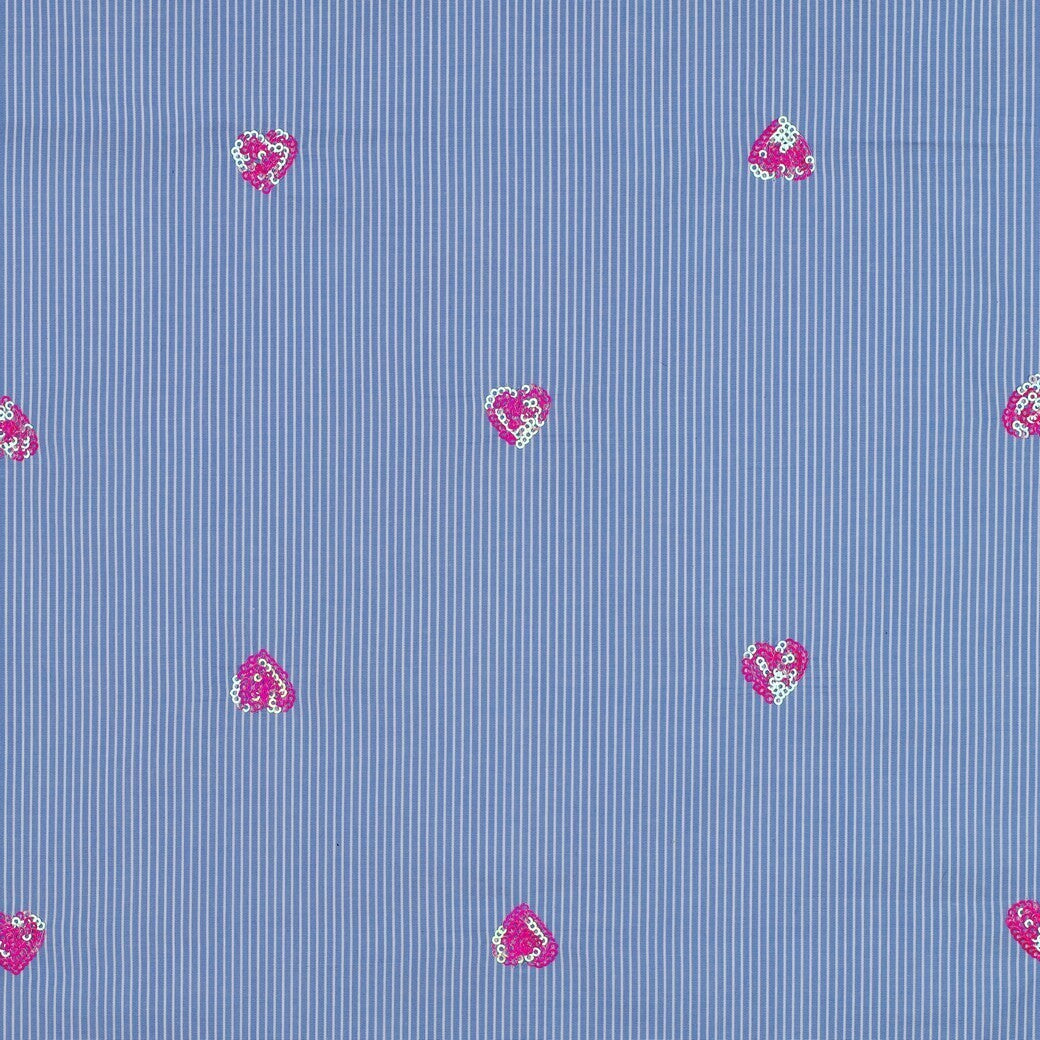 Popeline Mischgewebe "Streifen mit Paillettenherzen" - blau/weiß/pink