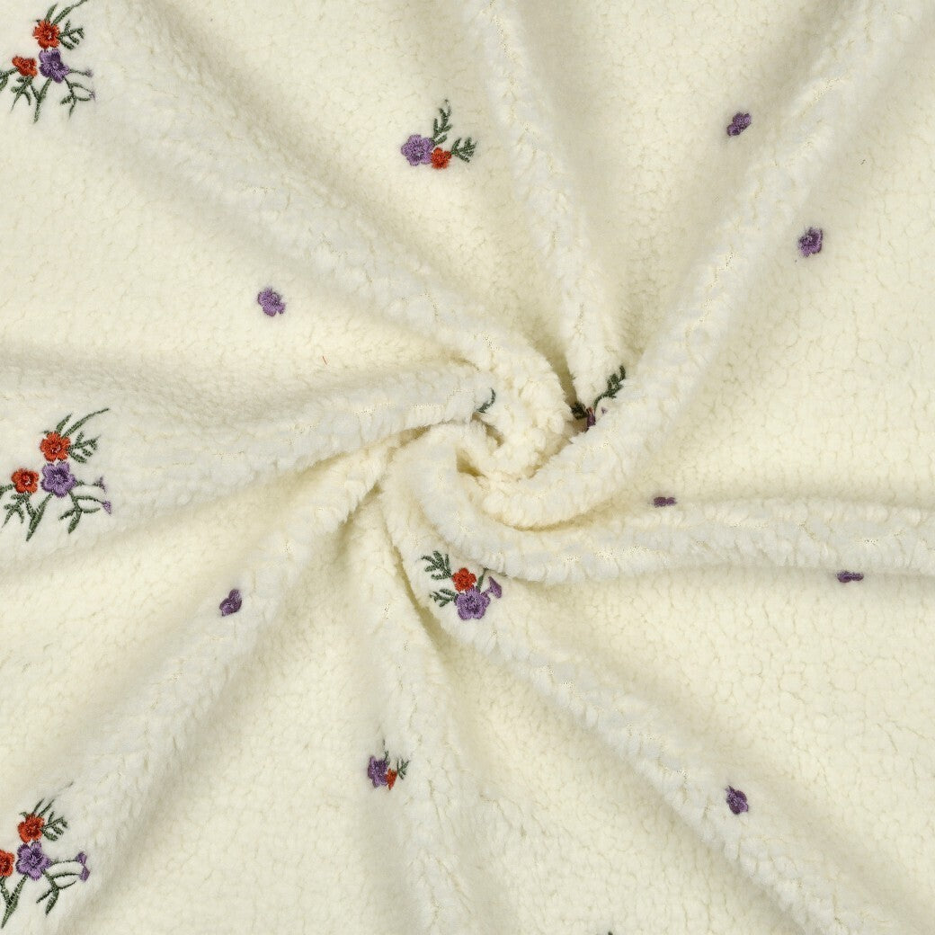Teddystrick mit Blumen-Stickerei - ecru
