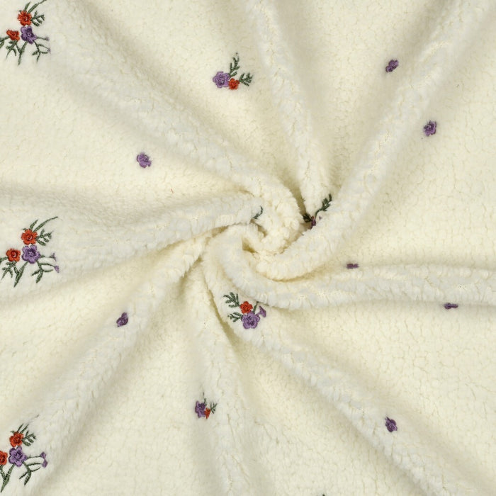 Teddystrick mit Blumen-Stickerei - ecru
