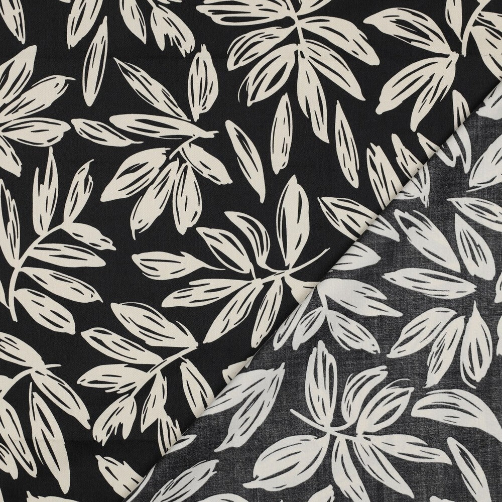 Baumwoll Satin "Leaves" - schwarz
