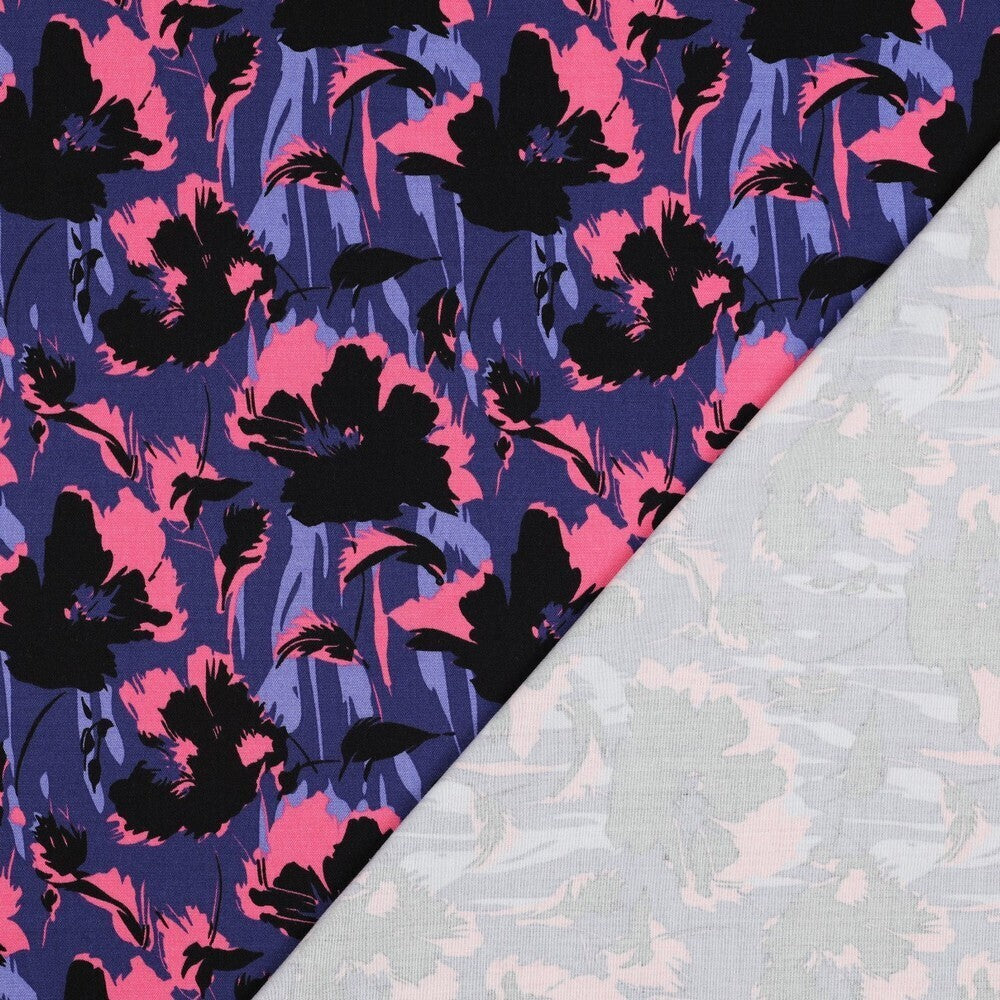 Viskose Stretch Twill "Punk Flowers" - blau