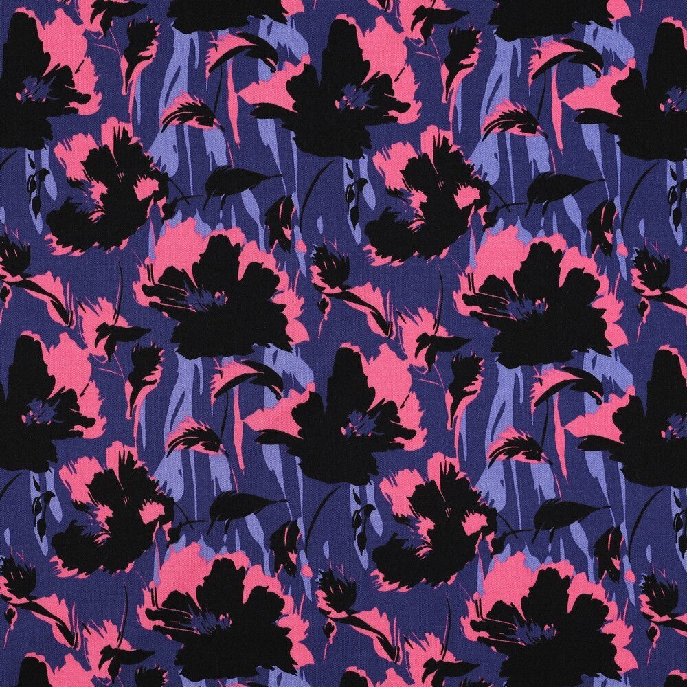 Viskose Stretch Twill "Punk Flowers" - blau