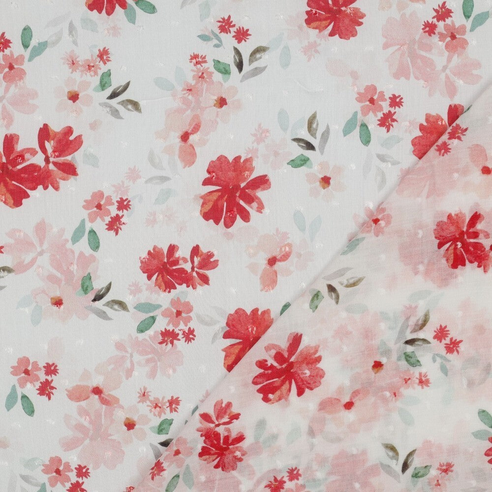 Viskose Dobby mit Blumenmuster - weiß/rot