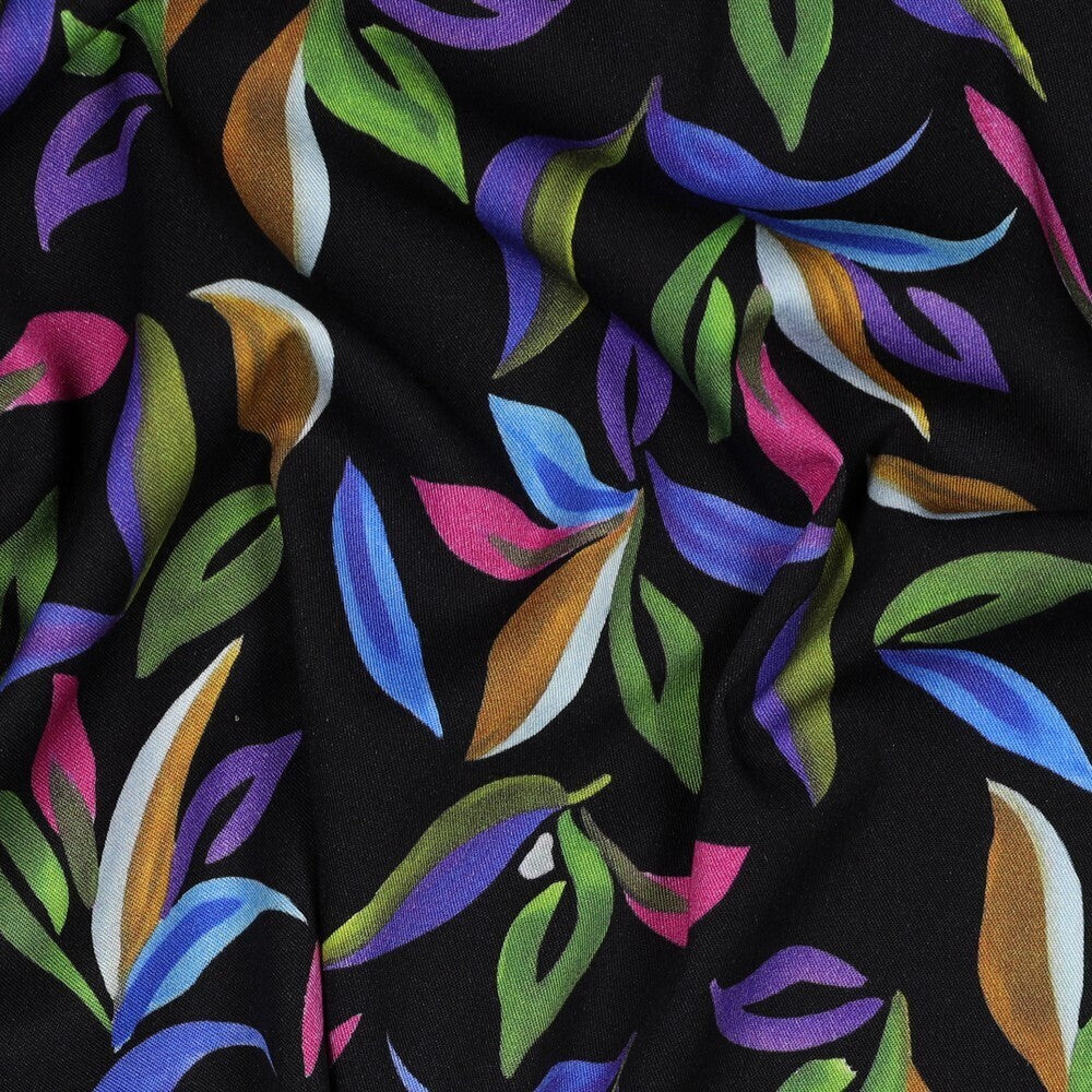 Viskose Stretch Twill "Blätter" - schwarz
