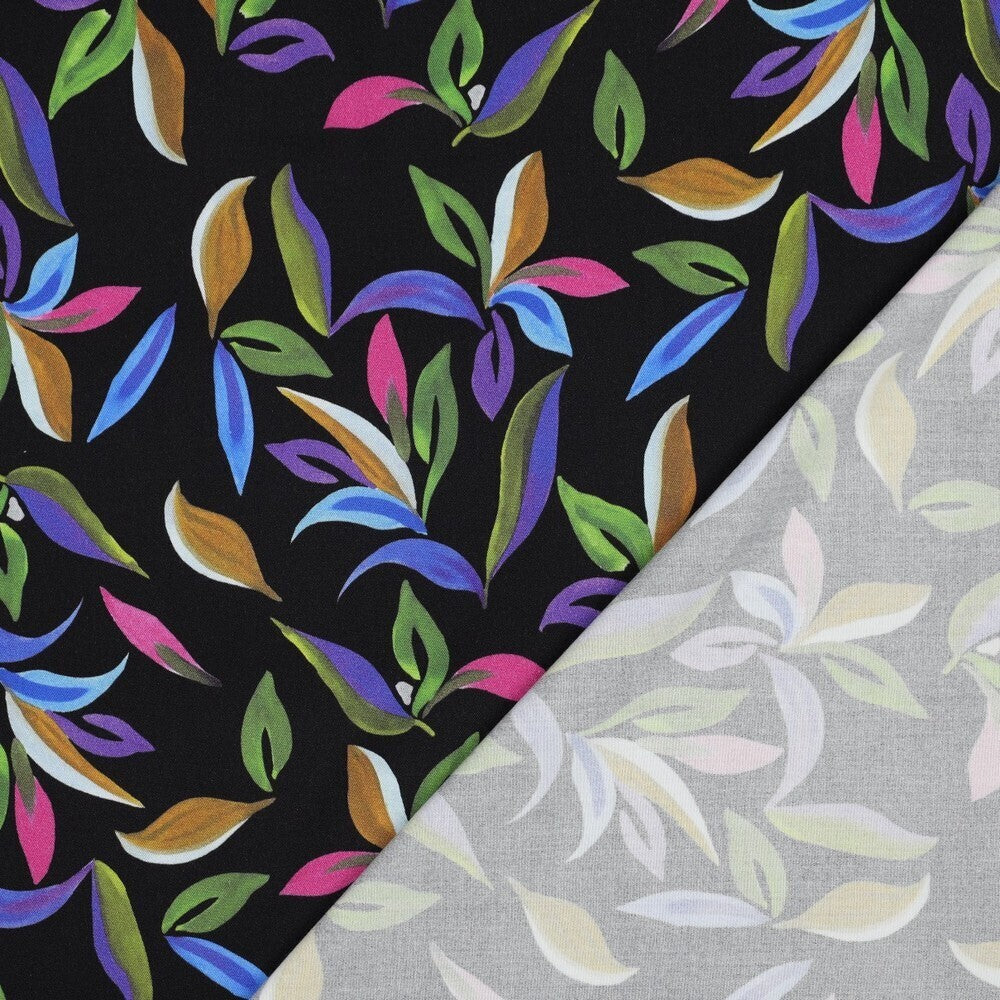 Viskose Stretch Twill "Blätter" - schwarz