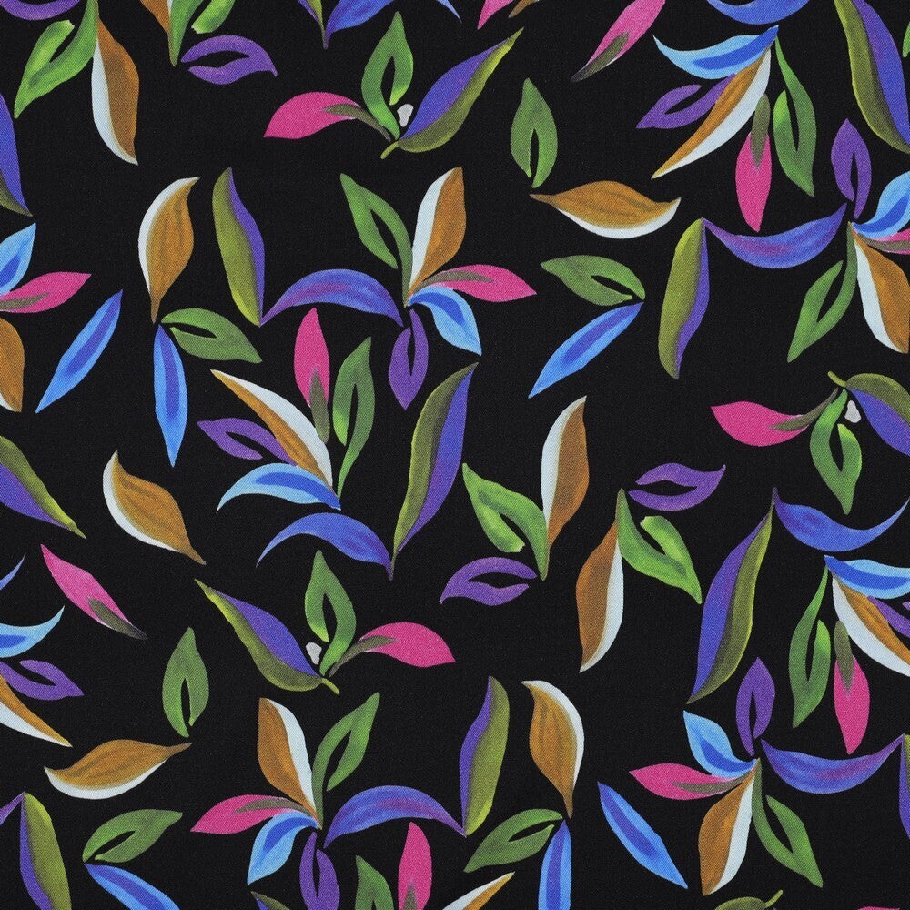 Viskose Stretch Twill "Blätter" - schwarz