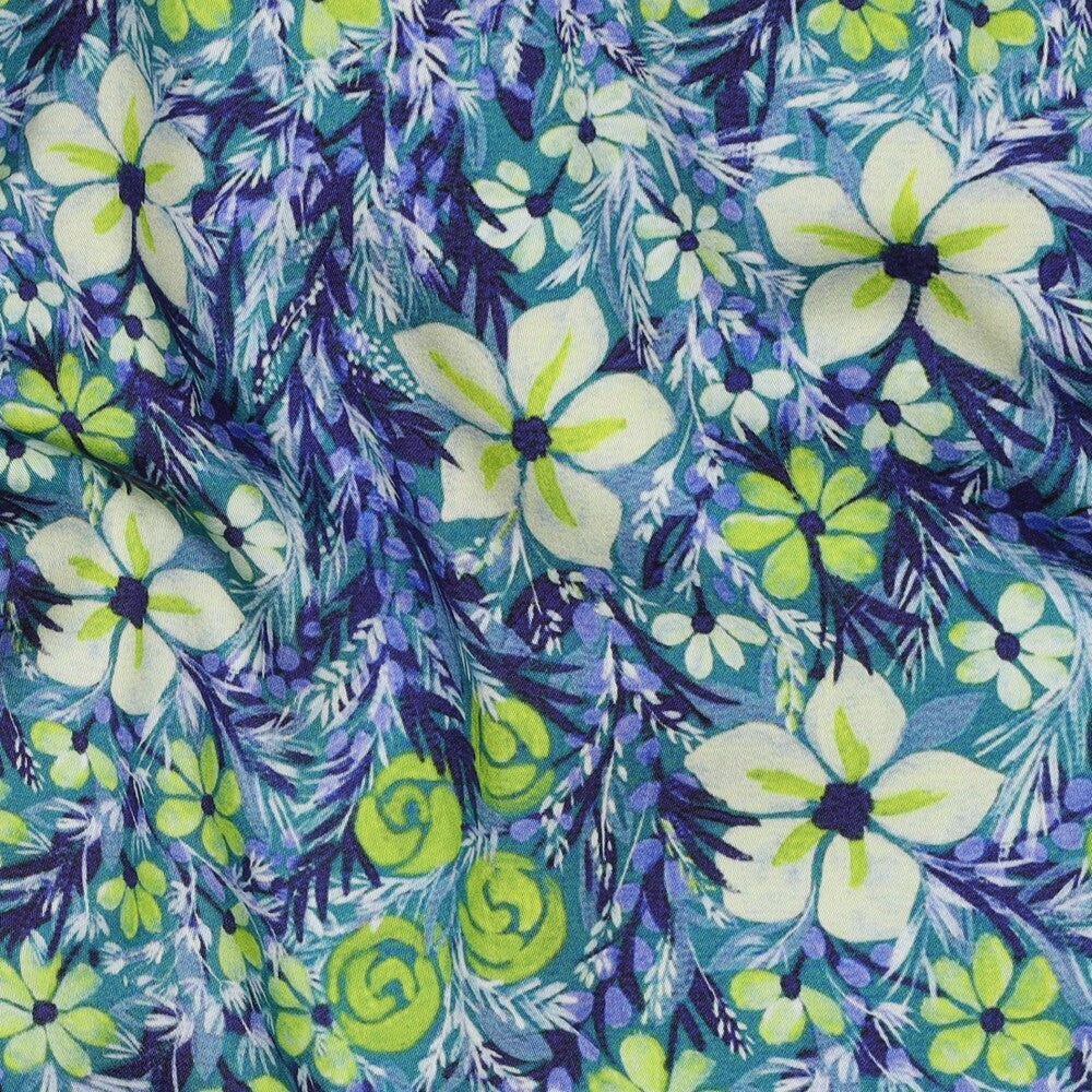 Viskose Satin Blumen - blau/grün