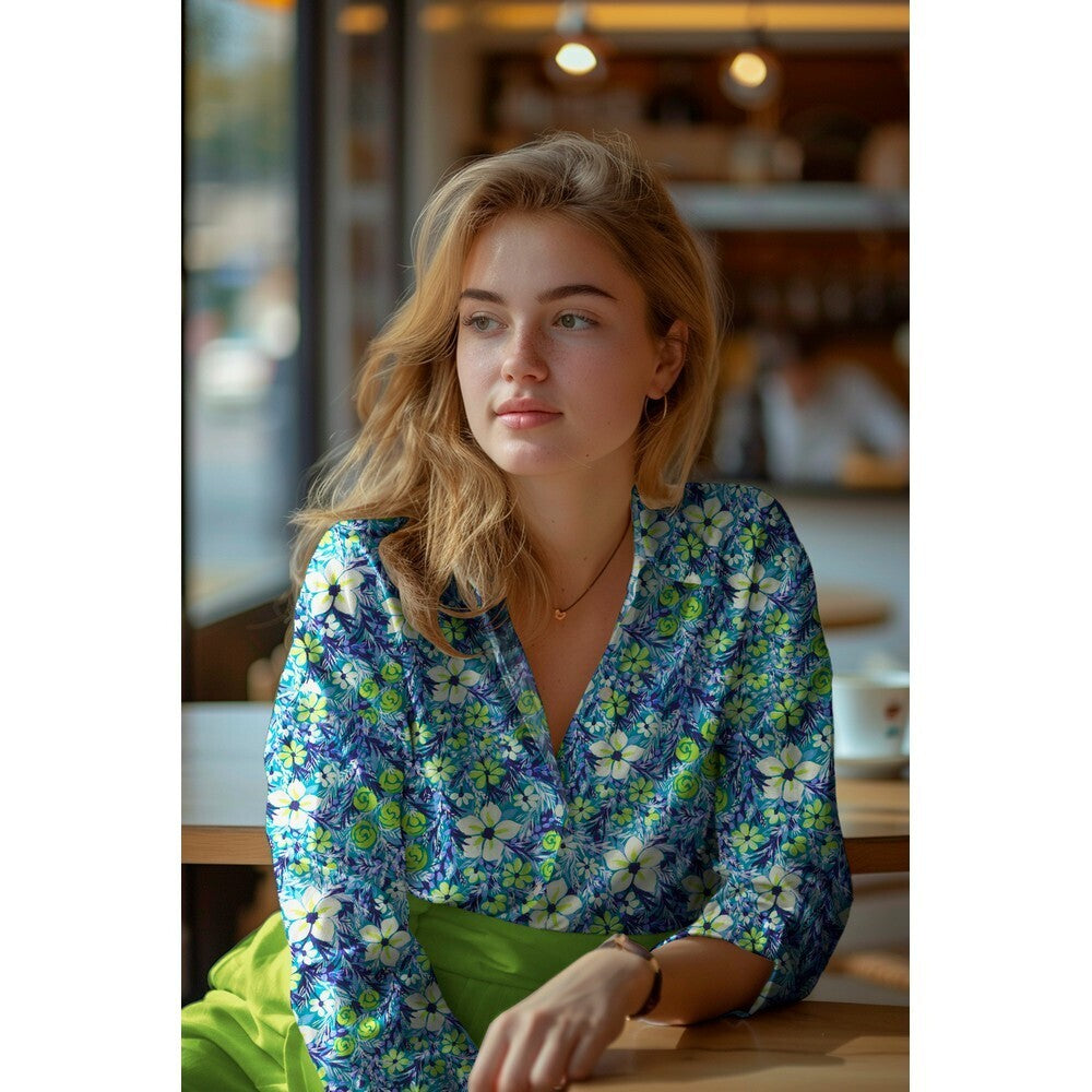 Viskose Satin Blumen - blau/grün