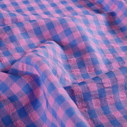 Baumwoll Seersucker Karos - pink/blau