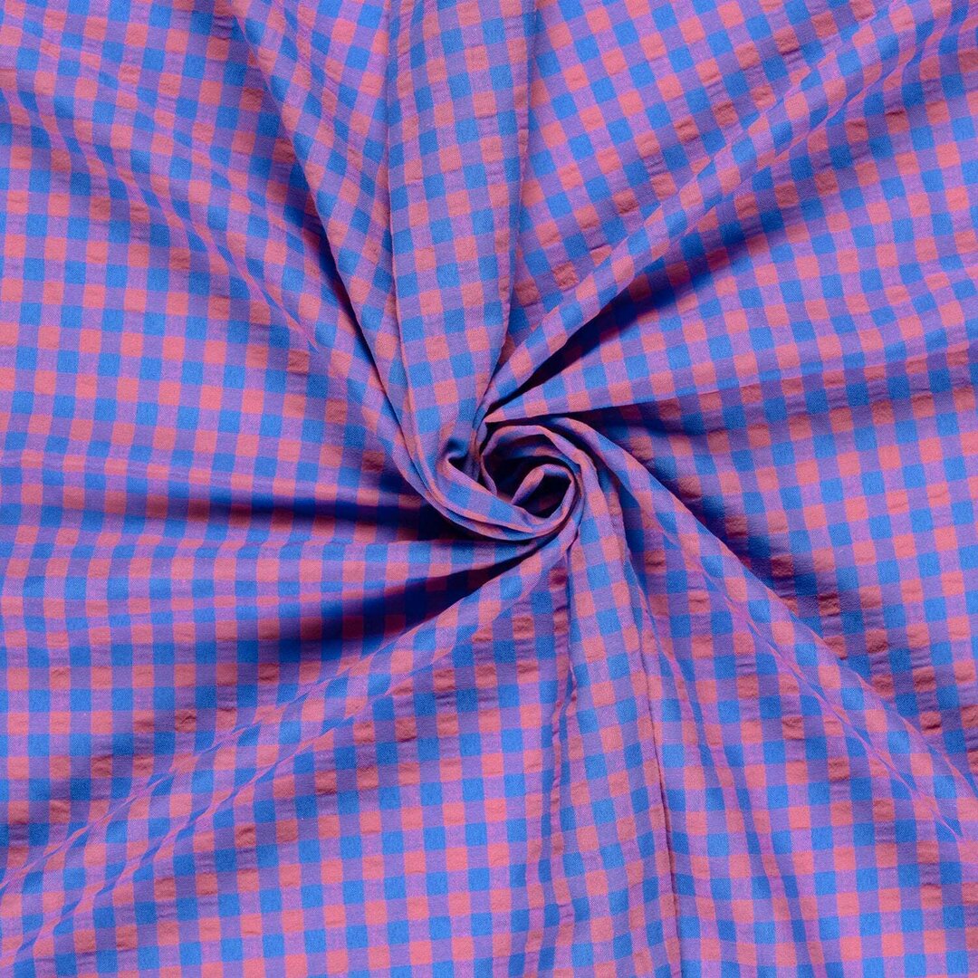 Baumwoll Seersucker Karos - pink/blau