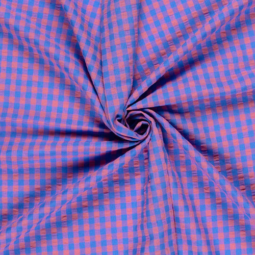 Baumwoll Seersucker Karos - pink/blau