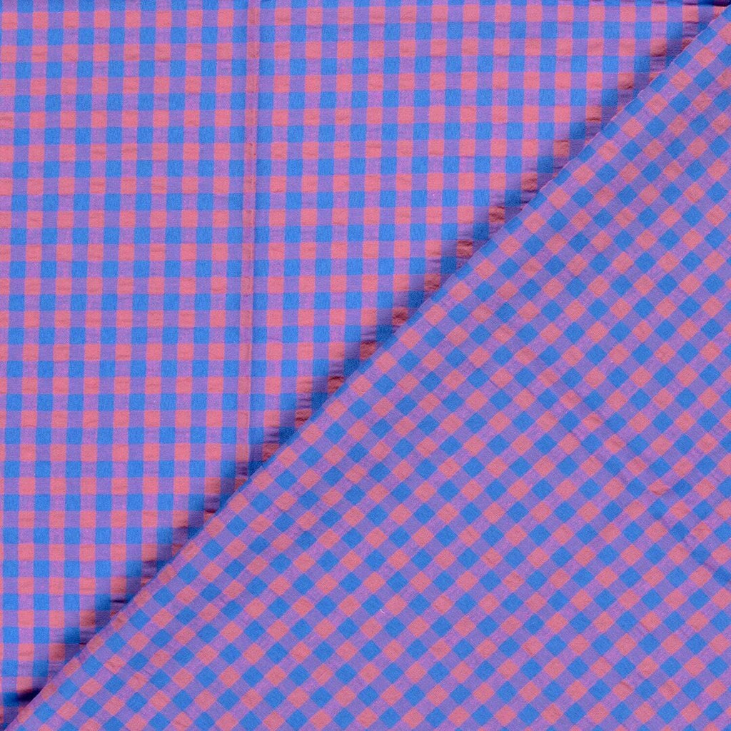 Baumwoll Seersucker Karos - pink/blau