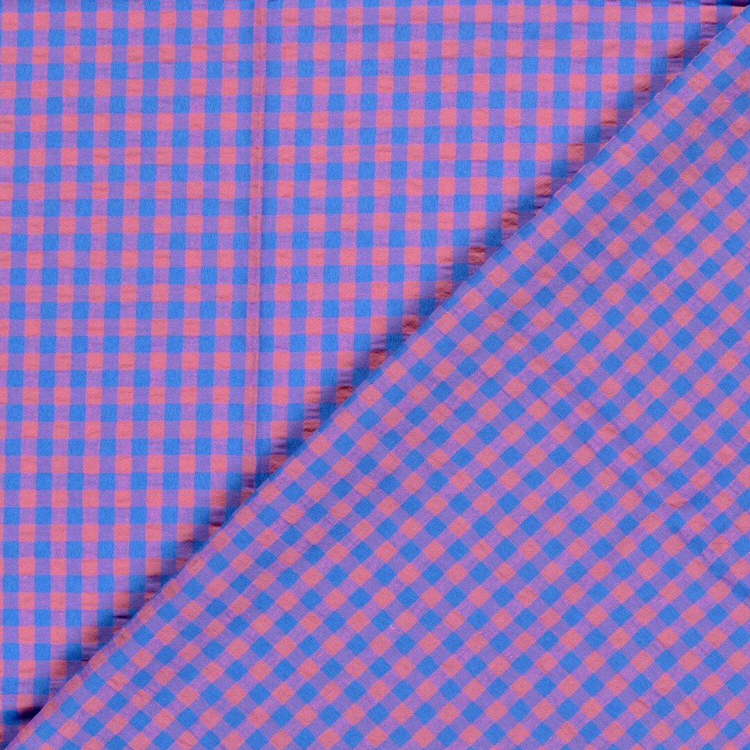 Baumwoll Seersucker Karos - pink/blau