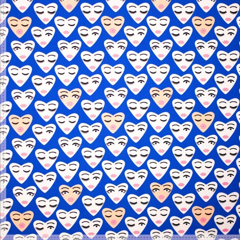 Baumwoll Popeline "Heart Faces" - royalblau *Videovorstellung*