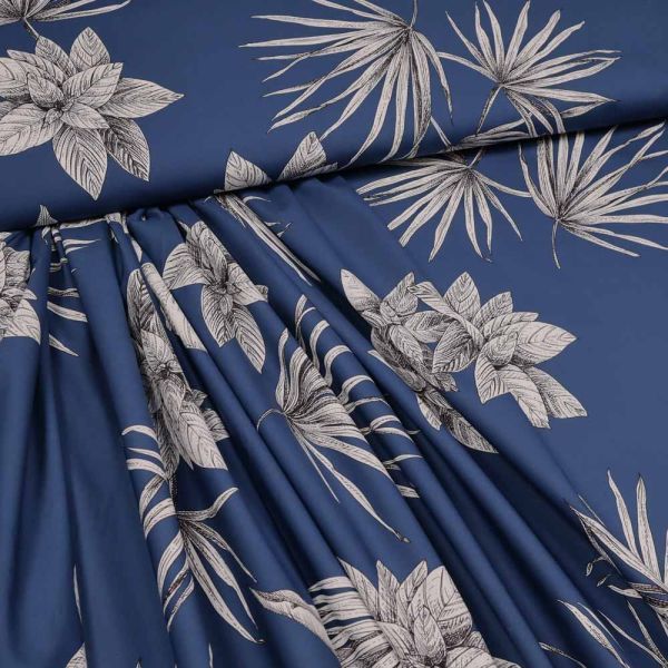 Baumwoll Popeline - tropische Blätter blau *Videovorstellung*