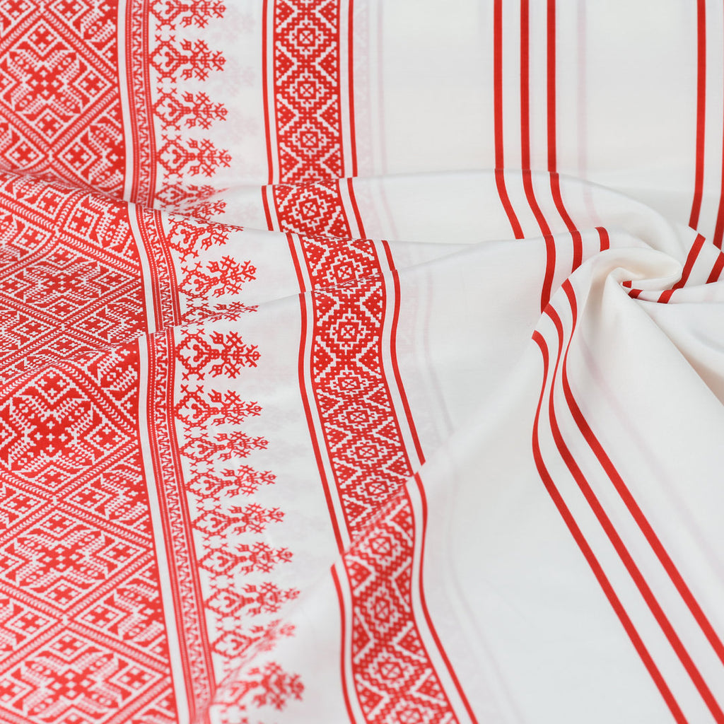Seidenvoile offwhite/rot Bordüre - Designerstoff *LIMITIERTES ANGEBOT*