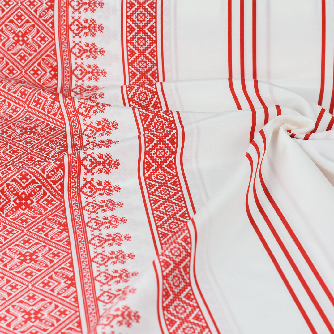 Seidenvoile offwhite/rot Bordüre - Designerstoff *LIMITIERTES ANGEBOT*