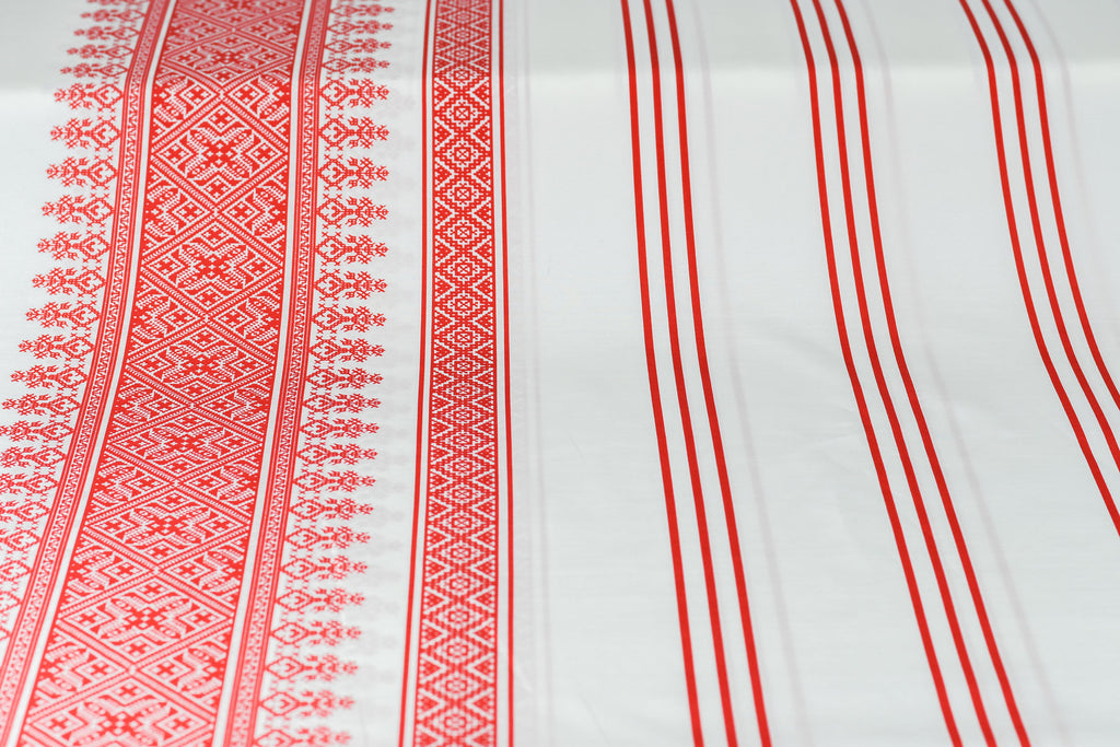 Seidenvoile offwhite/rot Bordüre - Designerstoff *LIMITIERTES ANGEBOT*