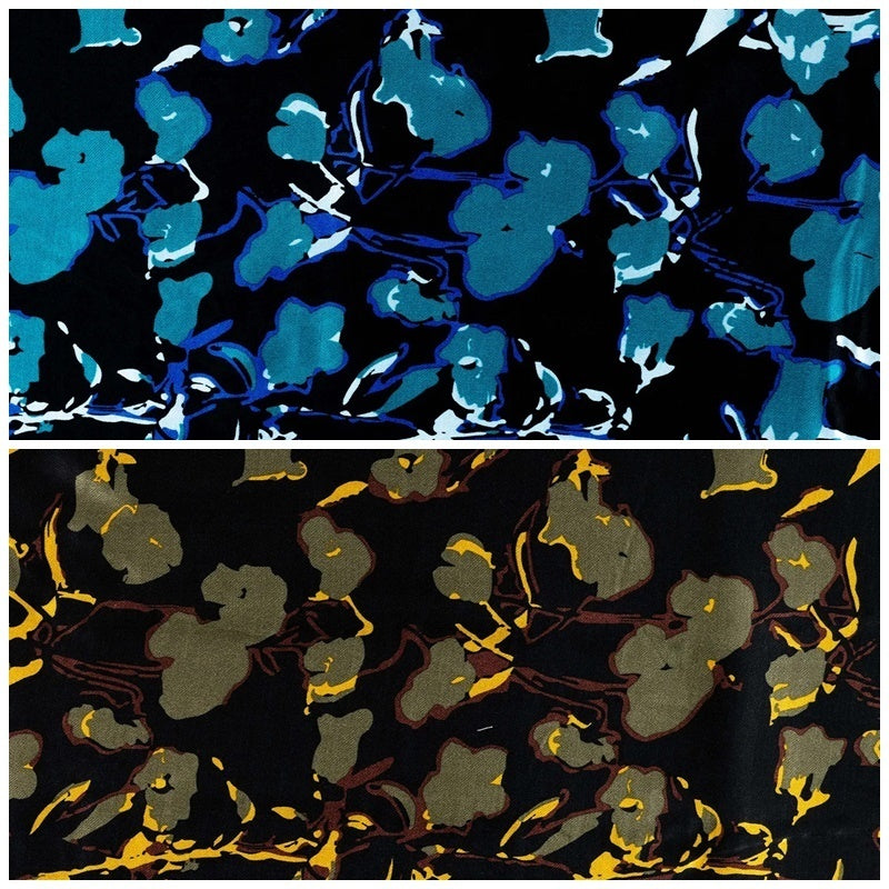 Viskose Satin floral - schwarz/oliv