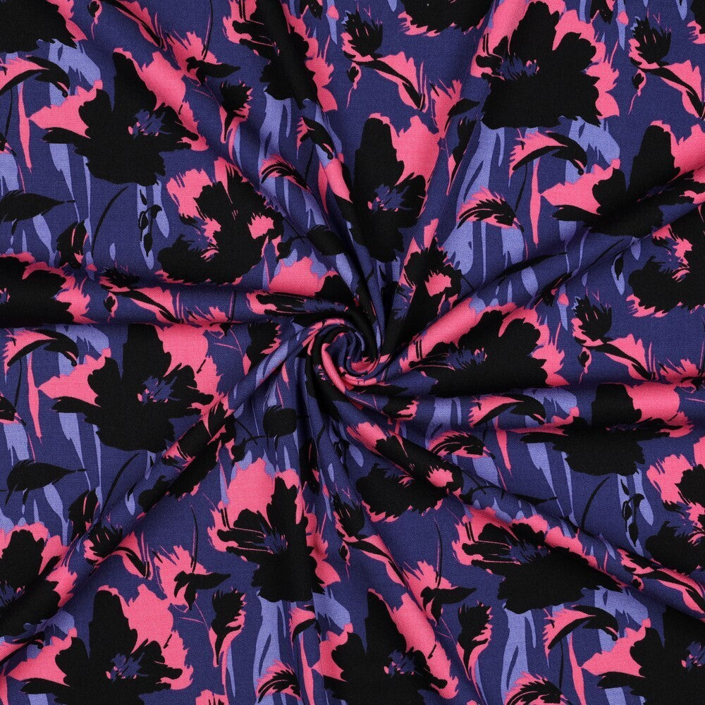 Viskose Stretch Twill "Punk Flowers" - blau