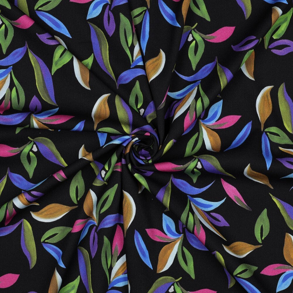 Viskose Stretch Twill "Blätter" - schwarz